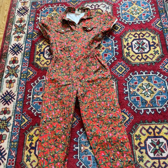 Farm Rio Toucan Orange Jumpsuit Zip up short sleeve Jungle Print Summer - Picture 3 of 6